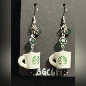Starbucks coffee Mug handmade dangle Earrings with Green Accents